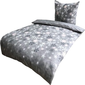 One-Home 4 teilig Bettwäsche 155x220 cm Kristall Schnee grau weiß Thermofleece Winter Set NEW-5691