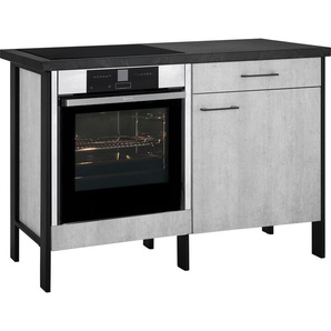 Herdumbauschrank OPTIFIT Tokio Schränke Gr. B/H/T: 128 cm x 90,8 cm x 60 cm, 1 St., Komplettausführung, grau (betonfarben) Herdumbauschränke Schränke 128 cmbreit, mit Stahlgestell, Vollauszug