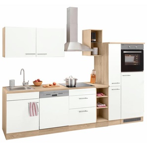 Küchenzeile OPTIFIT Kalmar Komplettküchen-Sets Gr. B/T: 300 cm x 60 cm, weiß (küche: weiß,, korpus: eiche hell, arbeitsplatte: hell) Küchenzeilen ohne Elektrogeräte E-Geräte, Breite 300 cm