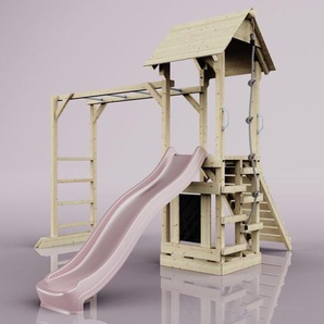 OutdoorToys Klettergerüst aus Holz mit Wellenrutsche Outdoor Spielturm mit Hangelstangen, Plattform und Kletterseil- Altrosa