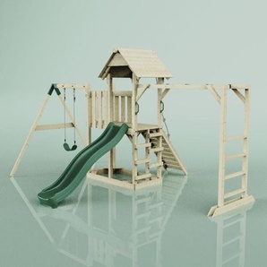 OutdoorToys Spielturm mit Wellenrutsche aus Holz Outdoor Klettergerüst mit Kinderschaukel, Hangelstangen, Plattform und Kletterseil- Smaragdgrün