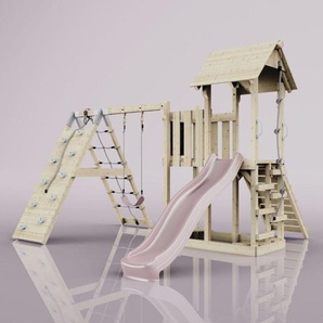 OutdoorToysOutdoor Spielturm mit Wellenrutsche Klettergerüst mit Kletterturm, Kletterwand und Klettwernetz, Ausführung: Kinderschaukel, Farbe: Altrosa