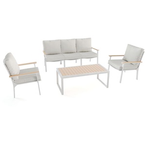 OUTFLEXX 4-teilige Loungegruppe für 5 Personen, Weiß Matt/Grau, Aluminium/Teakholz/Polyster, Tisch 120 x 58 cm, Kissen Inklusive PS9191