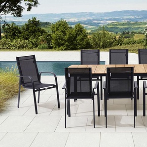 OUTFLEXX Garten-Essgruppe, anthrazit matt, Alu/Teak/Textil, 184x100 cm, 8 Stapelstühle