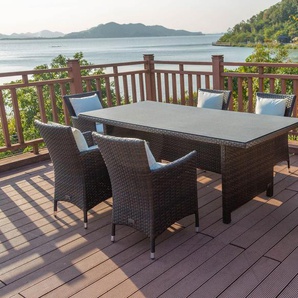 OUTFLEXX Garten-Essgruppe, braun marmoriert, Polyrattan, Tisch 220x100cm, Spraystone, 6mm, 6 Sessel