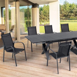 OUTFLEXX Garten-Essgruppe, OUTFLEXX® anthrazit matt, Alu / Spraystone / Textil, Tisch 180/280x100cm, 8 Sessel, stapelbar