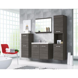 P & B Badezimmer, Eiche dunkel, Metall, 5-teilig, 2 Fächer, 5 Schubladen, 120 cm, Fsc, hängend, Spiegel mit Ablage, Badezimmer, Badmöbelsets &