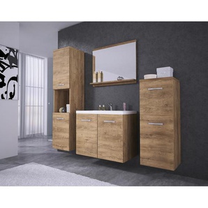 P & B Badezimmer, Eiche, Metall, 5-teilig, 6 Fächer, 120 cm, Fsc, hängend, Spiegel mit Ablage, Badezimmer, Badmöbelsets & Badmöbelserien,