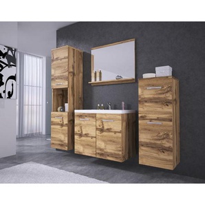 P & B Badezimmer, Eiche Wotan, Metall, 5-teilig, 6 Fächer, 120 cm, Fsc, hängend, Spiegel mit Ablage, Badezimmer, Badmöbelsets & Badmöbelserien,