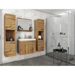 P & B Badezimmer, Eiche Wotan, Metall, 5-teilig, 8 Fächer, 120 cm, Fsc, hängend, Spiegel mit Ablage, Badezimmer, Badmöbelsets & Badmöbelserien,