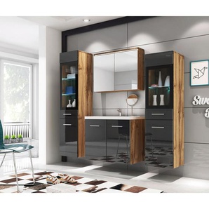 P & B Badezimmer, Eiche Wotan, Schwarz Hochglanz, Kunststoff, 5-teilig, 8 Fächer, 120 cm, Fsc, hängend, Badezimmer, Badmöbelsets & Badmöbelserien,