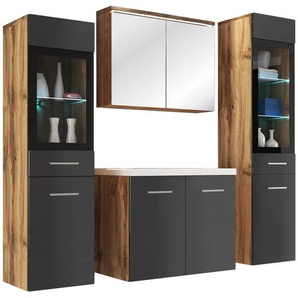 P & B Badezimmer, Eiche Wotan, Schwarz Hochglanz, Kunststoff, 5-teilig, 8 Fächer, 120 cm, Fsc, hängend, Badezimmer, Badmöbelsets & -serien,