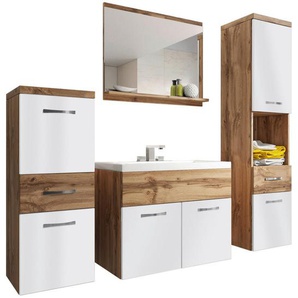 P & B Badezimmer, Eiche Wotan, Weiß Hochglanz, Metall, 5-teilig, 2 Fächer, 5 Schubladen, 120 cm, Fsc, hängend, Spiegel mit Ablage, Badezimmer,