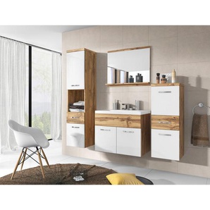 P & B Badezimmer, Eiche Wotan, Weiß Hochglanz, Metall, 5-teilig, 2 Fächer, 5 Schubladen, 120 cm, Fsc, hängend, Spiegel mit Ablage, Badezimmer,