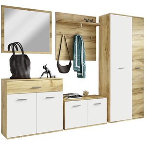 P & B Garderobe, Weiß, Eiche, Glas, 5-teilig, 1 Schubladen, 240x190x35 cm, stehend, Garderobe, Garderoben-Sets