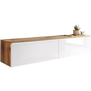 P & B Lowboard D140, Eiche Wotan, Weiß Hochglanz, Holzwerkstoff, 140x30x33 cm, Fsc, Made in EU, stehend, hängend, Beleuchtung, in verschiedenen Holzdekoren erhältlich, Wohnzimmer, Wohnwände, Lowboards, Lowboards stehend