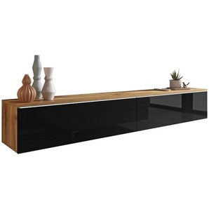 P & B Lowboard D180, Eiche Wotan, Schwarz Hochglanz, Holzwerkstoff, 180x30x33 cm, Fsc, Made in EU, stehend, hängend, Beleuchtung, in verschiedenen Holzdekoren erhältlich, Wohnzimmer, Wohnwände, Lowboards, Lowboards stehend