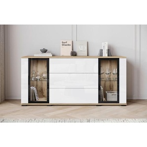 P & B Sideboard Caro, Eiche Wotan, Weiß Hochglanz, Glas, 2 Fächer, 3 Schubladen, 150x69.7x39.5 cm, Fsc, stehend, Schlafzimmer, Schlafzimmer Kommoden