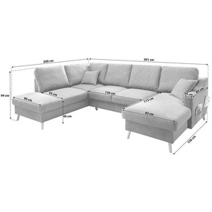 P & B Wohnlandschaft, Beige, Textil, Buche, Uni, 6-Sitzer, Füllung: Schaumstoff, U-Form, 301x200 cm, Made in EU, Typenauswahl, Stoffauswahl,