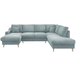 P & B Wohnlandschaft, Hellblau, Textil, Buche, Uni, 6-Sitzer, Füllung: Schaumstoff, U-Form, 301x200 cm, Made in EU, Typenauswahl, Stoffauswahl,