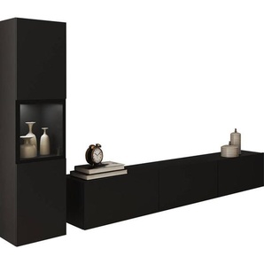 P & B Wohnwand Berlin, Schwarz, Glas, Holzwerkstoff, 2-teilig, 4 Fächer, 210x130x32.5 cm, Fsc, stehend, hängend, Beleuchtung, spiegelbildliche Montage möglich, Wohnzimmer, Wohnwände, Anbauwände