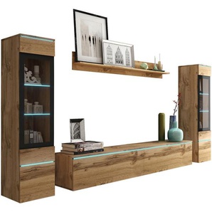 P & B Wohnwand Vera, Eiche Wotan, Glas, Holzwerkstoff, 4-teilig, 6 Fächer, 240x130x33 cm, Fsc, Made in EU, stehend, hängend, Beleuchtung, in