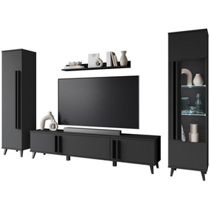 P & B Wohnwand Helsinki, Schwarz, Glas, Holzwerkstoff, 4-teilig, 8 Fächer, 260x159.5x33 cm, Fsc, stehend, Beleuchtung, Wohnzimmer, Wohnwände, Wohnwand-Sets