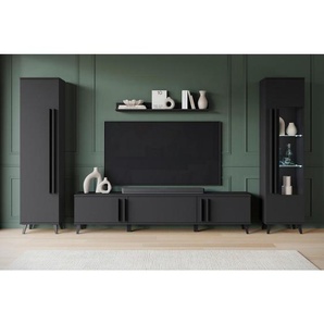 P & B Wohnwand Helsinki, Schwarz, Glas, Holzwerkstoff, 4-teilig, 8 Fächer, 260x159.5x33 cm, Fsc, stehend, Beleuchtung, Wohnzimmer, Wohnwände, Anbauwände