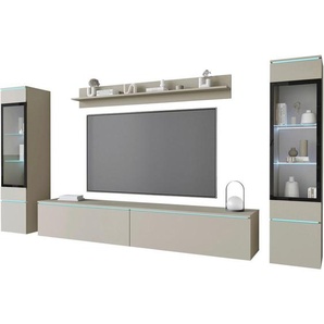 P & B Wohnwand Vera, Beige, Kaschmir, Glas, Holzwerkstoff, 4-teilig, 6 Fächer, 240x130x33 cm, Fsc, stehend, hängend, Beleuchtung, Wohnzimmer,