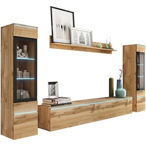 P & B Wohnwand Vera, Eiche Wotan, Glas, Holzwerkstoff, 4-teilig, 6 Fächer, 240x130x33 cm, Fsc, Made in EU, stehend, hängend, Beleuchtung, in