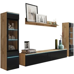 P & B Wohnwand Vera, Eiche Wotan, Schwarz Hochglanz, Glas, Holzwerkstoff, 4-teilig, 6 Fächer, 240x130x33 cm, Fsc, Made in EU, stehend, hängend, Beleuchtung, in verschiedenen Holzdekoren erhältlich, Wohnzimmer, Wohnwände, Wohnwand-Sets