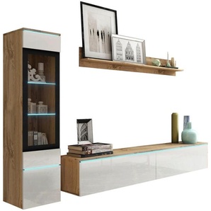 P & B Wohnwand Vera, Eiche Wotan, Weiß Hochglanz, Glas, Holzwerkstoff, 3-teilig, 3 Fächer, 210x130x33 cm, Fsc, Made in EU, stehend, hängend, Beleuchtung, in verschiedenen Holzdekoren erhältlich, Wohnzimmer, Wohnwände, Wohnwand-Sets