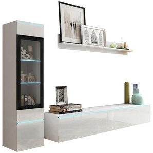 P & B Wohnwand Vera, Weiß Hochglanz, Glas, Holzwerkstoff, 3-teilig, 3 Fächer, 210x130x33 cm, Fsc, Made in EU, stehend, hängend, Beleuchtung, in