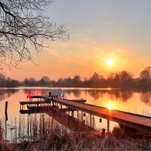 Papermoon Fototapete HOLZ-BRÜCKE-PIER STEG SEE STRAND WALD SONNENUNTERGANG