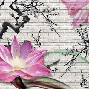 Papermoon Fototapete LOTUSBLUME-STEINWAND GRAFFITI BLUMEN 3D DESIGN BLUME