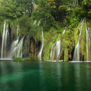 Papermoon Fototapete WASSERFALL-BÄUME FLUSS SEE STEINE BLUME WALD BACH SONNE