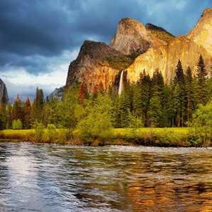 Papermoon Fototapete YOSEMITE TAL-FLUSS GEBIRGE WALD BERGE SONNE WASSERFALL