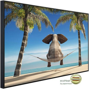 PAPERMOON Infrarotheizung Elefant auf Hängematte an Strand Heizkörper sehr angenehme Strahlungswärme Gr. B/H/T: 120 cm x 90 cm x 3 cm, 1200 W, bunt (kunstmotiv im aluminiumrahmen) Heizkörper