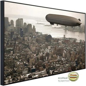 PAPERMOON Infrarotheizung Zeppelin über New York Heizkörper sehr angenehme Strahlungswärme Gr. B/H/T: 120 cm x 90 cm x 3 cm, 1200 W, bunt (kunstmotiv im aluminiumrahmen) Heizkörper