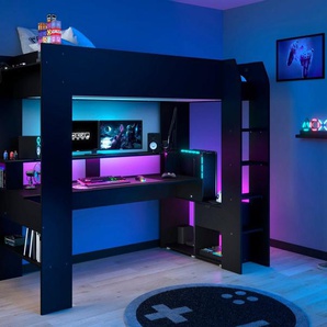 Parisot Hochbett Gaming-Bett, mit Schreibtisch, USB Anschluss, LED, viel Stauraum ideal für kleine Räume, TOPSELLER!