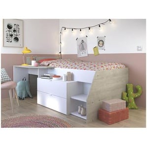 PARISOT Kinderbett mit Schreibtisch & Stauraum - 90 x 200 cm - Weiß & Eichefarben - GISELE