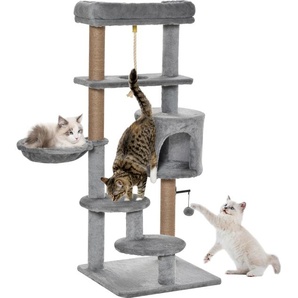 PawHut Katzen Kratzbaum 120 cm Katzenbaum mit Korb, Katzenhöhle, Spielball, Indoor Kletterturm mit Bett, Jutestamm, Kratzmöbel für Katzen bis 5 kg, Hellgrau D30-361