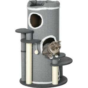PawHut Katzen Kratztonne 99 cm Spieltonne Kratzbaum Katzenbaum mit Katzenbett, Spielball, Plattformen, Katzenkratzbaum mit 3 Türen, Katzenmöbel, Grau D30-705V00GY