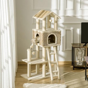 Pawhut Kratzbaum Katzenbaum 130H Cm Kletterbaum Mit Katzenhöhle Spielbälle Jutestämmen Großer Plattform Spanplatte Plüsch Khaki+Beige