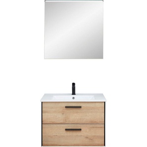 Saphir Badmöbel-Set Quickset 395 2-teilig, Keramik-Waschtisch mit LED-Spiegel, 75 cm breit, (2-St), Waschplatz mit 2 Schubladen, Riviera Eiche quer Nachbildung, Bad-Set
