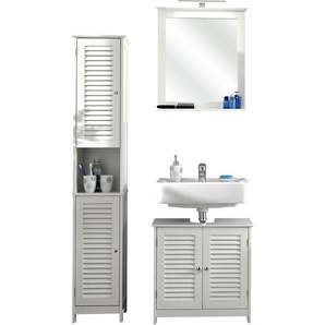 Saphir Badmöbel-Set Quickset 928 3-teilig, Waschbeckenunterschrank mit LED-Spiegel, (4-St), Hochschrank, 4 Türen, Nische, 3 Einlegeböden, Weiß Glanz, Bad-Set