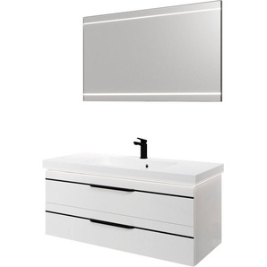 Saphir Badmöbel-Set Balto 2-teilig Mineralmarmor-Waschtisch mit LED-Spiegel, 123 cm breit, (2-St), Waschplatz mit 2 Schubladen, Badschrank inkl. Schubladendämpfer