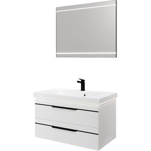 Saphir Badmöbel-Set Balto 2-teilig Mineralmarmor-Waschtisch mit LED-Spiegel, Waschplatz, (2-St), 92 cm breit, mit 2 Schubladen, Badschrank inkl. Schubladendämpfer