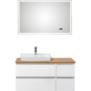Saphir Badmöbel-Set Quickset 360 2-teilig, mit Keramik-Aufsatzbecken und LED-Spiegel, (Set, 2-St), in Weiß Glanz, Riviera Eiche quer Nachbildung, 4 Schubladen