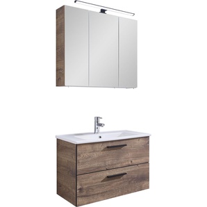 Badmöbel-Set PELIPAL Quickset 374 Kastenmöbel-Sets Gr. B/H/T: 75 cm x 200 cm x 45 cm, braun (eiche ribbeck quer nachbildung) Bad-Sparsets Breite 75 cm, Spiegelschrank mit LED-Beleuchtung